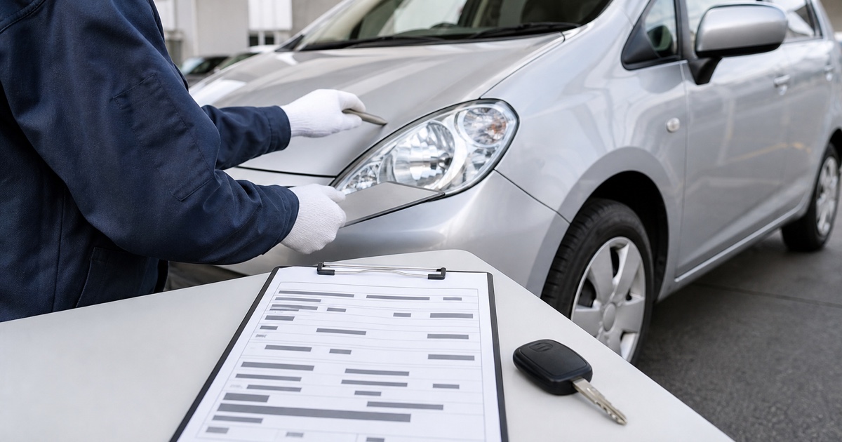 車両情報を確認しながら個人情報を伏せた買取記録を整理する査定担当者の手元