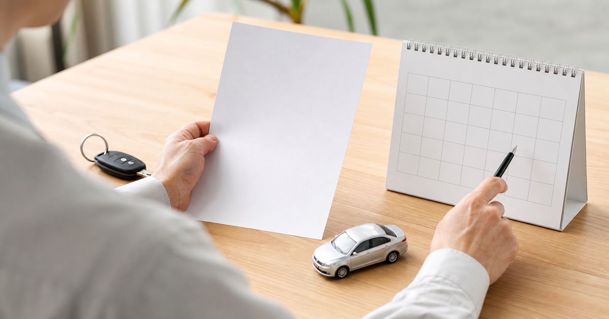 車の査定見積書とカレンダーを並べて金額の有効期間を確認する机