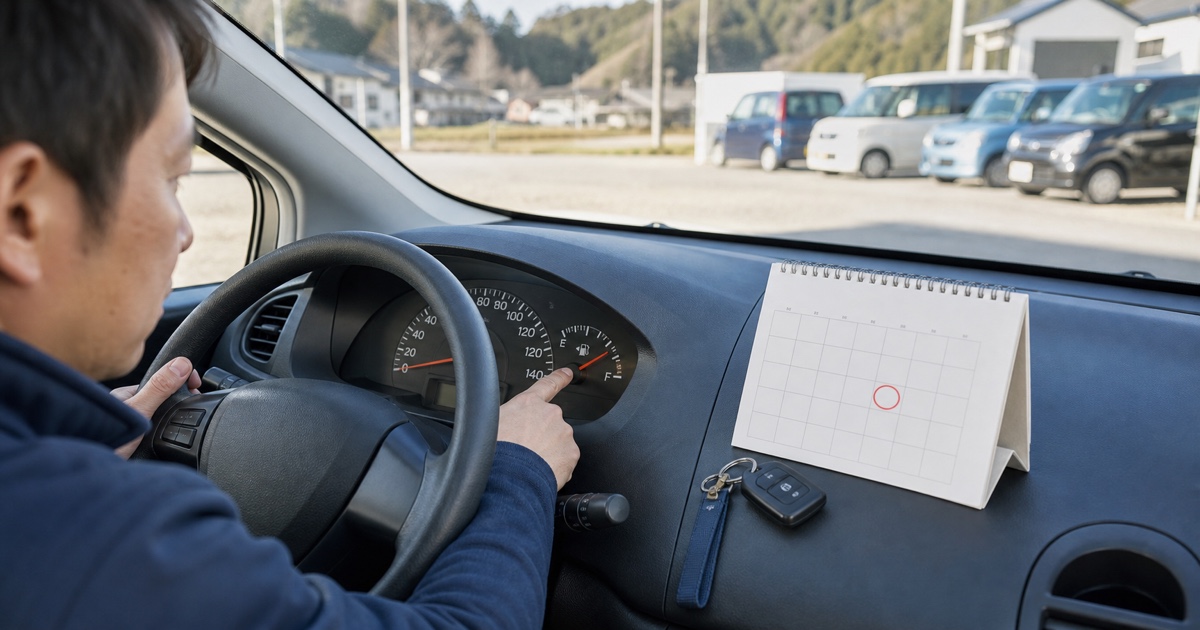車の燃料計と査定予定を書いたカレンダーを引き渡し前に確認する人